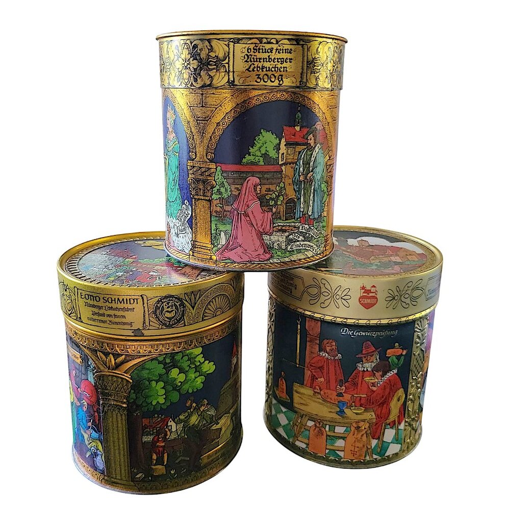 Set of 3 Vintage Otto Schmidt Canisters Decorative Round German Tins